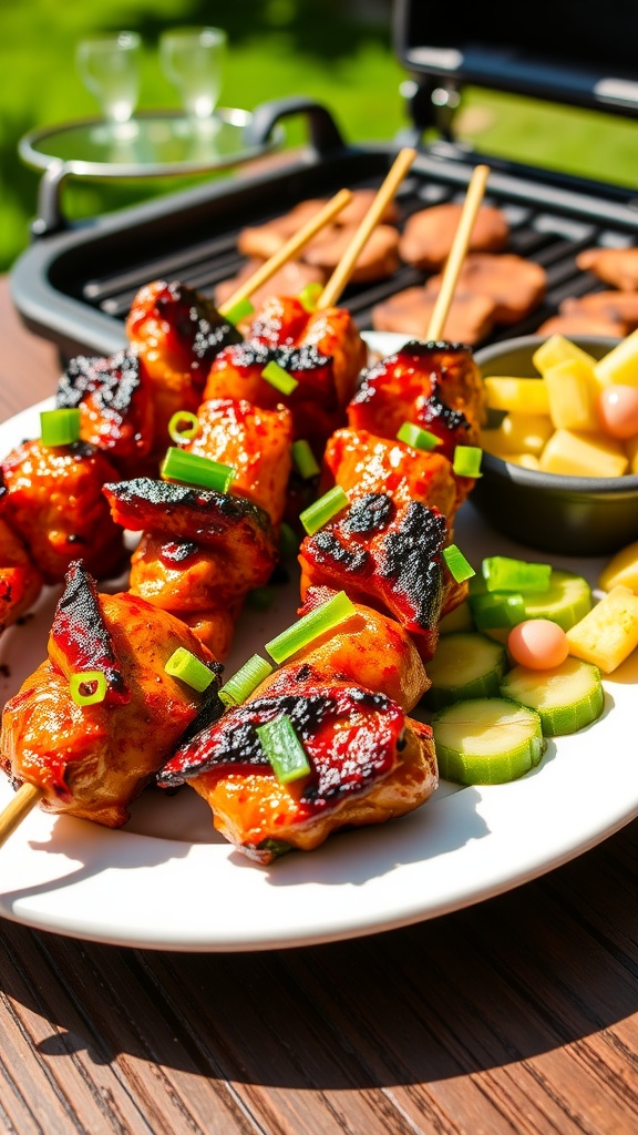 Spicy Korean Gochujang Grilled Chicken Skewers Grilled chicken skewers marinated in gochujang, garnished with green onions, served with pickled cucumbers.